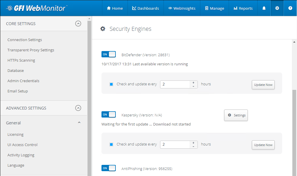 Settings - security engines